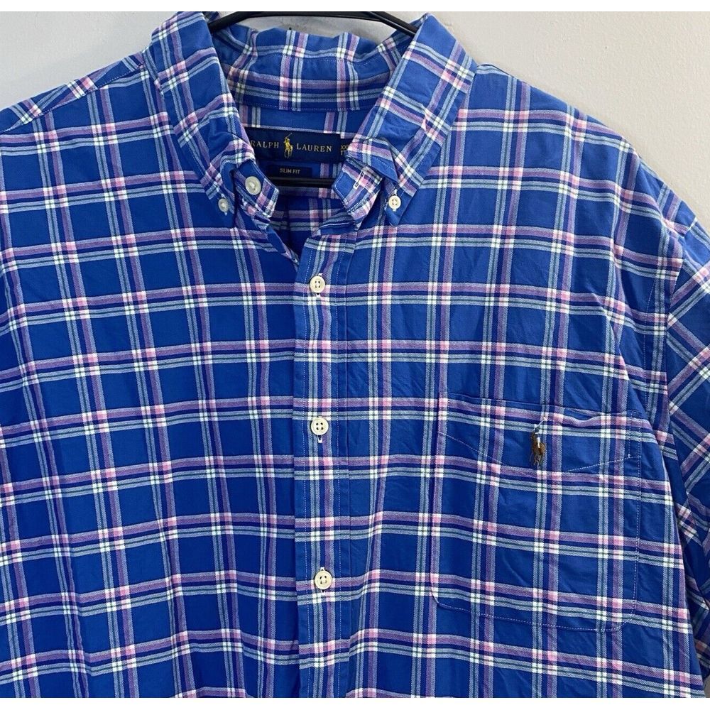 Ralph Lauren Button Down Shirt Mens XXL Blue Pink Plaid Slim Fit Short Sleeve‎